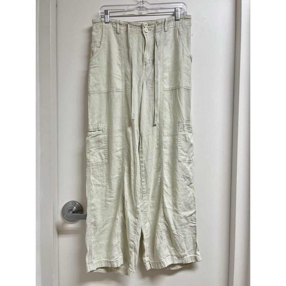 Maurices Womens Linen Blend Size 10 High Rise Wide Leg Cargo Pants Cream White